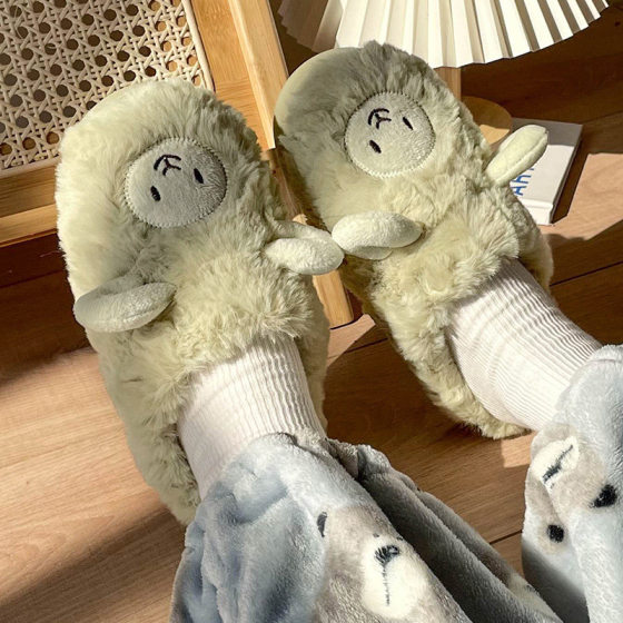 Cotton Slippers for Women and Men Couple Cute Cartoon Girl Heart Sheep Slippers Winter Indoor Home Soft Bottom Plush Cotton Slippers