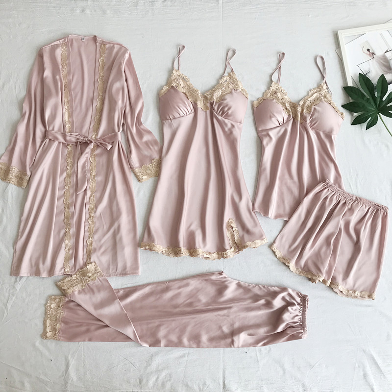 Cross-border supply imitation silk pajamas sexy underwear five-piece sling women's home clothes bathrobe robe large size wholesale