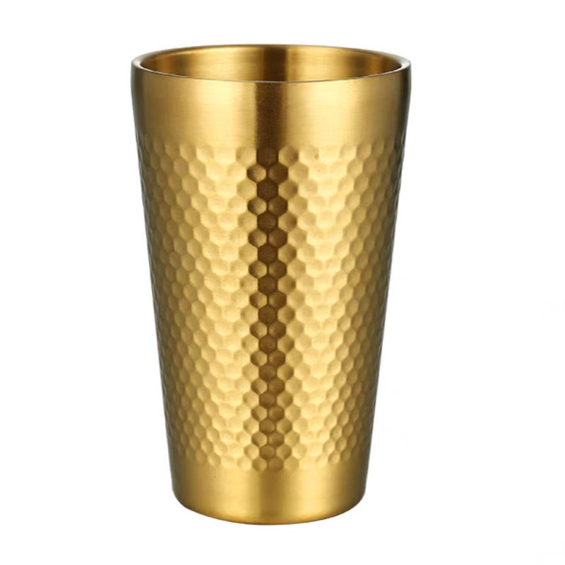 304 Stainless Steel Double Layer Golden Water Cup Hammered Juice Cup Barbecue Restaurant Beer Cup Tea Cup Drink Water Cup