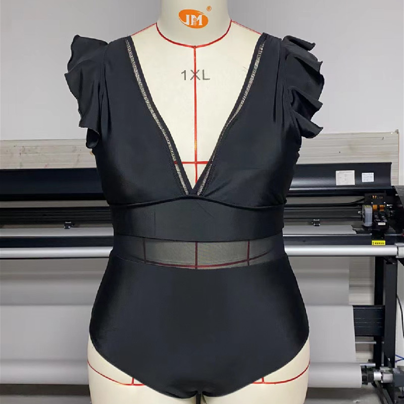 Cross-border New European and American Women's Fat-added one-piece Swimsuit Solid Color Mesh Stitching plus size Swimsuit AliExpress bikini