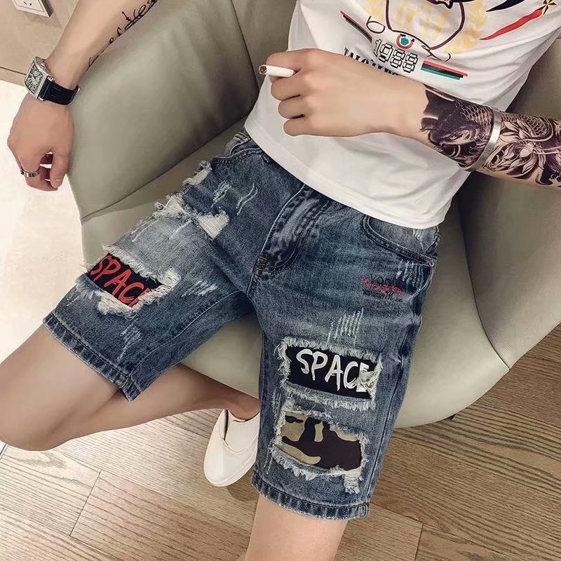 2022 new summer ripped Denim shorts men's Korean-style fashion brand half-length pants scraping personality beggar middle pants