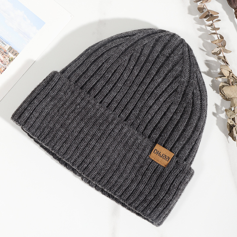 Winter European and American Dome Men's and Women's Hat Simple All-match Knitted Woolen Beanless Fleece-lined Double-layer Outdoor Warm Hat