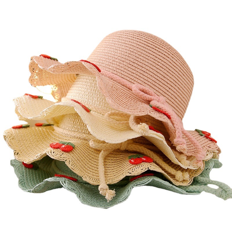 Children's Cherry Straw Hat Summer Sun Hat Seaside Vacation Sun Hat Sunscreen Girl Kids Set Hat