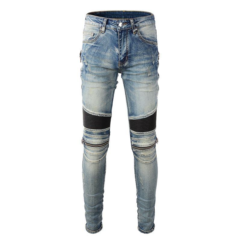 606 Korean Style Slim Fit Motorcycle Jeans High Street Jeans Zipper Patched Jeans