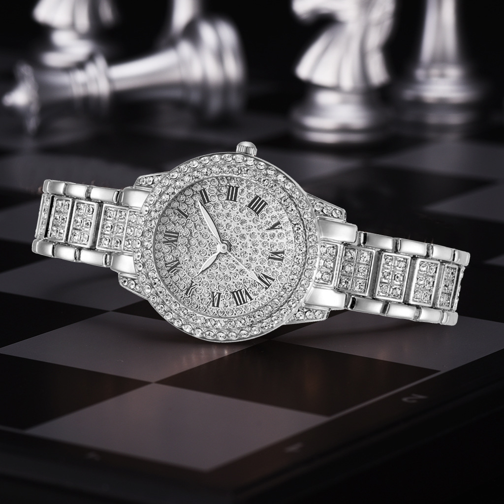 Full Diamond Roman Literal Steel Band Watch Gympani Elegant Business Quartz Watch Hip Hop Full Diamond Bracelet Set
