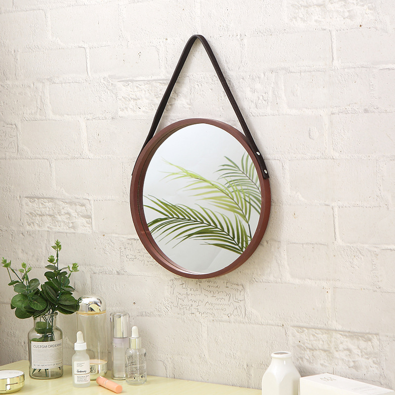 Punch-free Wooden Retro Round Hanging Mirror Cosmetic Mirror Wall Entrance Living Room Dining Room Background Wall Decorative Mirror Wall Hanging