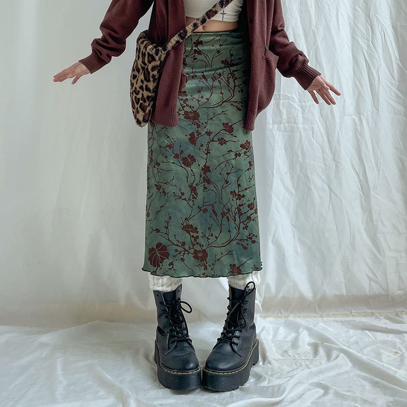 New Chinese Printed Retro Style Skirt 2022 Autumn New Mori Style Fresh Low Waist Contrast Color A- line Mid-length Dress