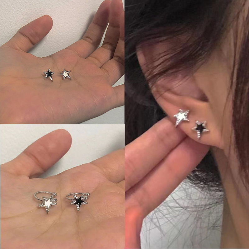 925銀不規則五芒星耳釘耳夾男女款不對稱超閃五角星耳環鋯石耳飾