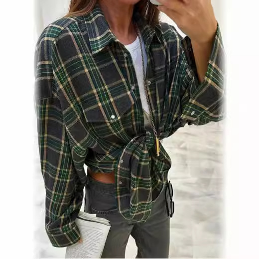 Amazon Cross-border Retro Style Versatile Collar Loose Long-sleeved Pocket Women's Shirt for Autumn 2024 Tartan
