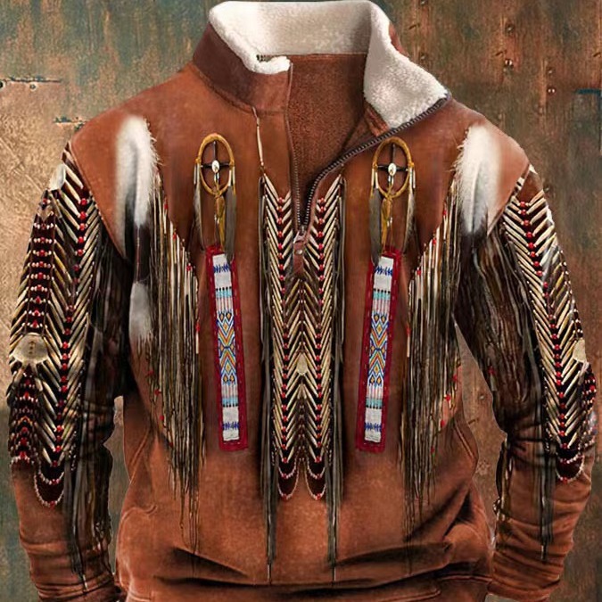 Amazon Spring and Autumn new men's long sleeve half zipper printed casual fashion European and American fashion jacket jacket