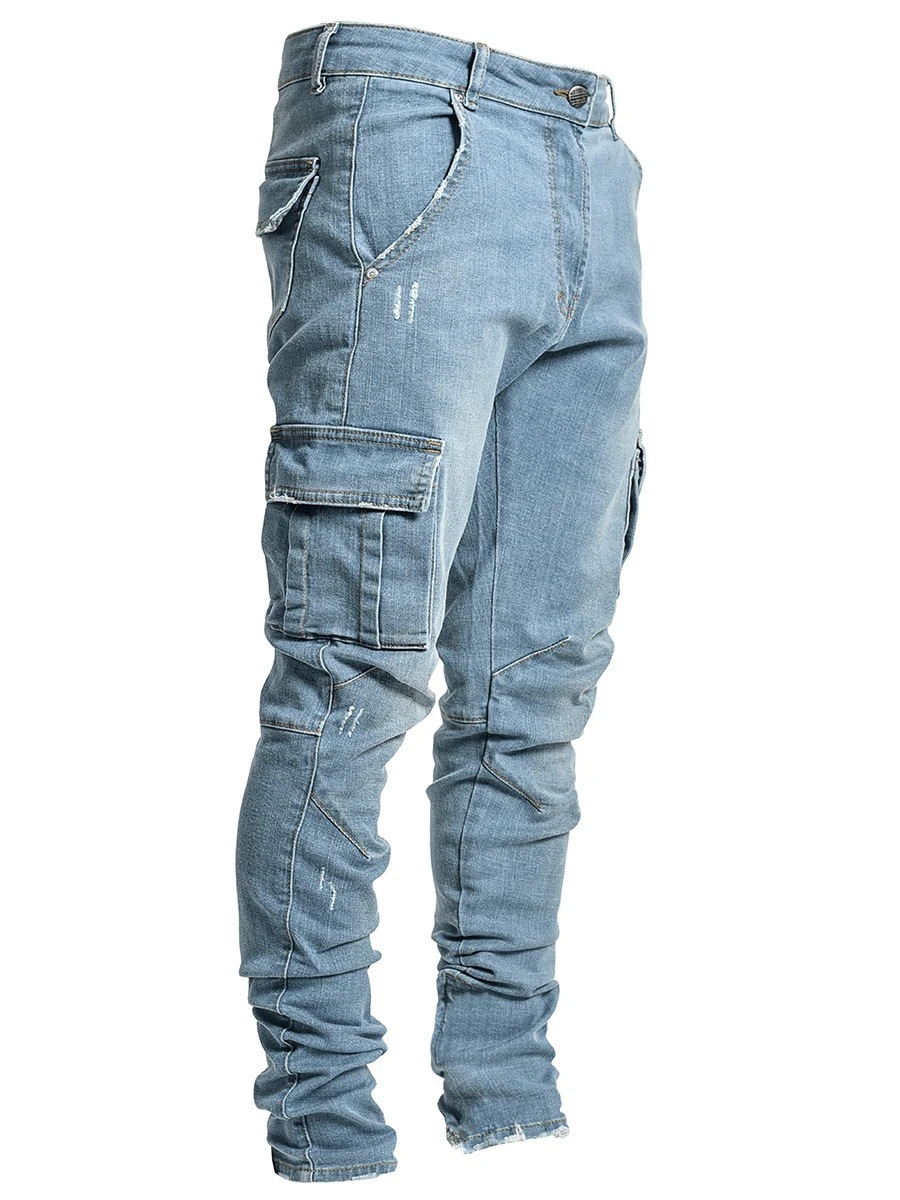 2021 spot Europe and the United States cross-border new jeans men's side pocket feet tight jeans a generation of hair