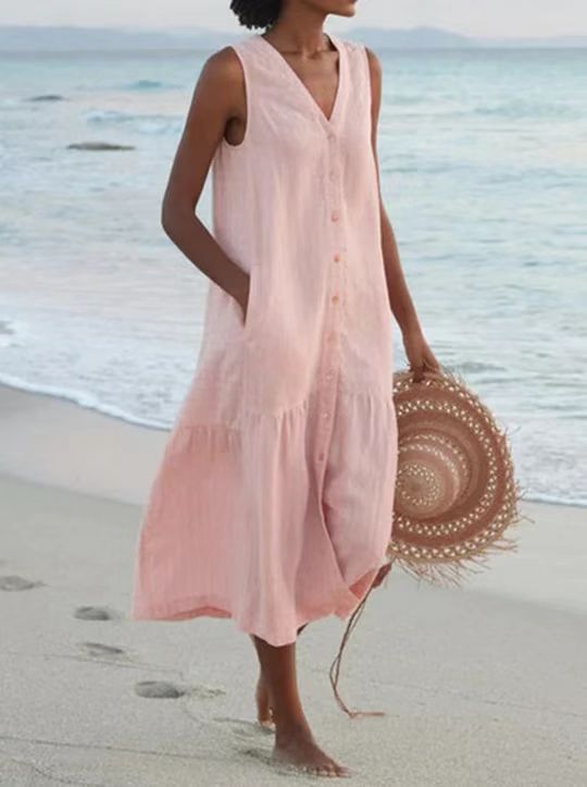 2023 Summer Foreign Trade Solid Color Cotton Sling Style Temperament Commuter Trendy Long Dress Loose Waist Pink Polka Dot Dress