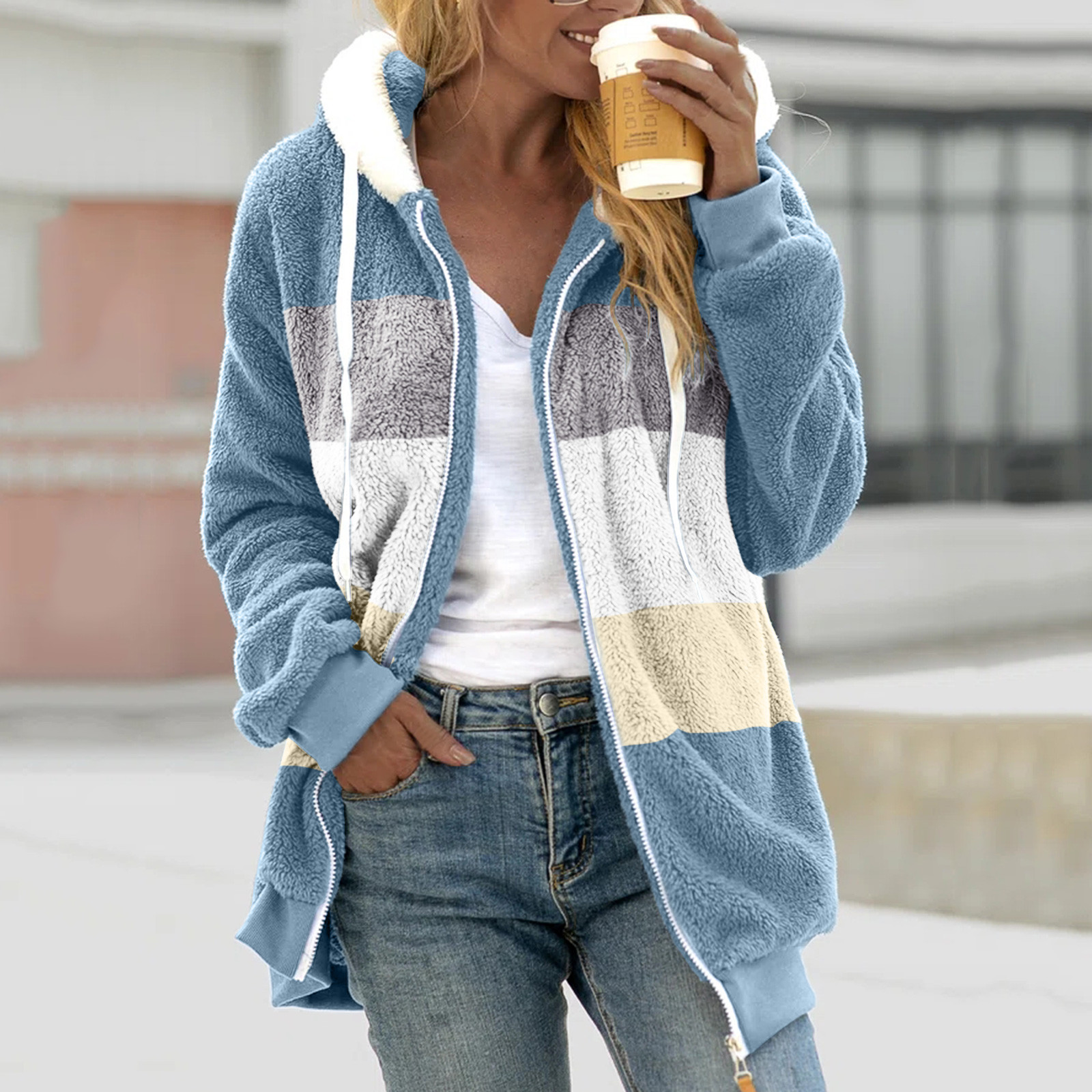 wish independent station 2021 Amazon hot sale new autumn and winter loose plush multi-color stitching hooded coat for women