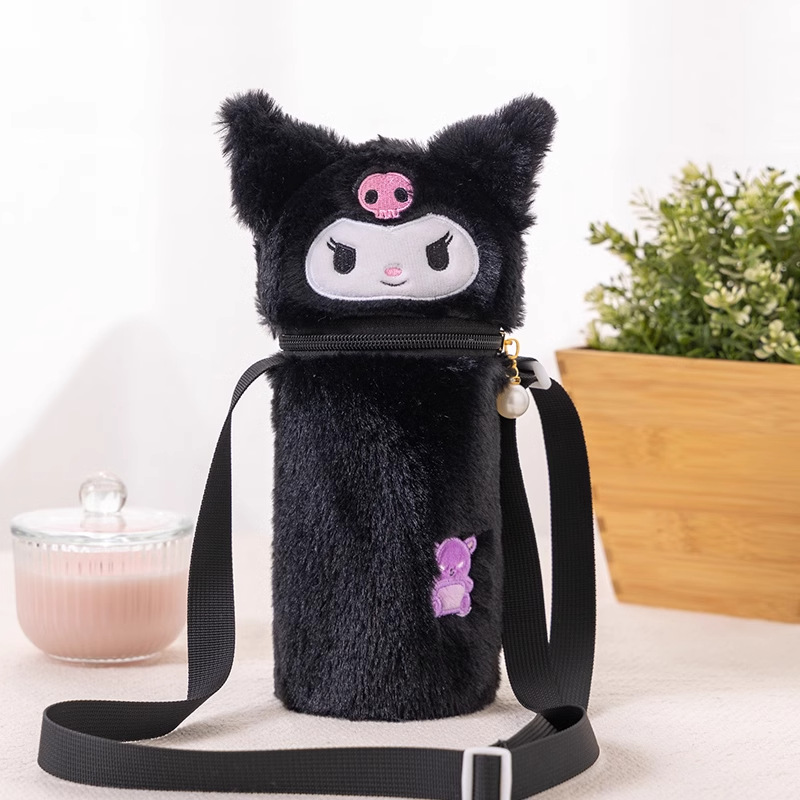 Japanese Style Cute Sanrio Kulomi Cartoon Fluffy Bag Kettle Bag Crossbody Cup Cover Thermos Cup Protective Cover for Women