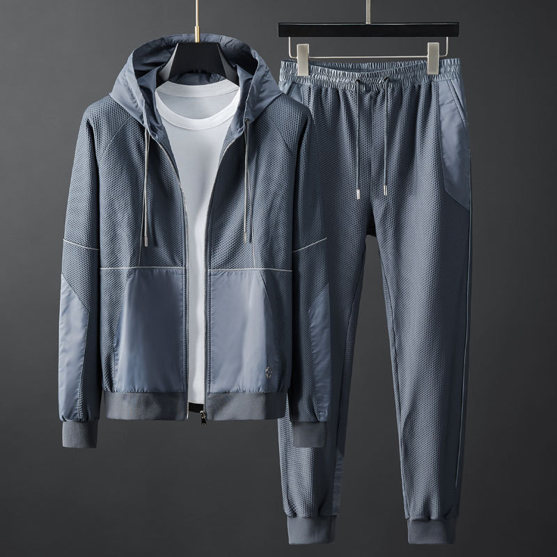 2024 Spring and Autumn New Sports Leisure suit Men's Honeycomb Mesh Elastic Slim-fit Hooded Fashion Two-piece Set for Men