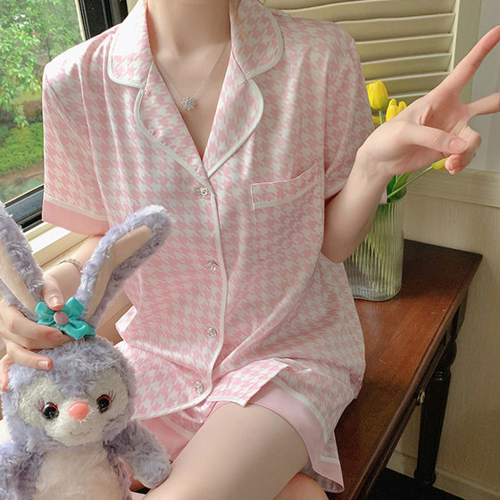 Cross-border Korean ins houndstooth ice silk pajamas women's new casual home clothes short sleeve shorts two-piece wholesale