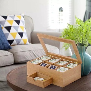 Bamboo Tea Box Tea Set Finishing Storage Wooden Box Wooden Tea Box Flip 8-compartment Separate Storage Wooden Box