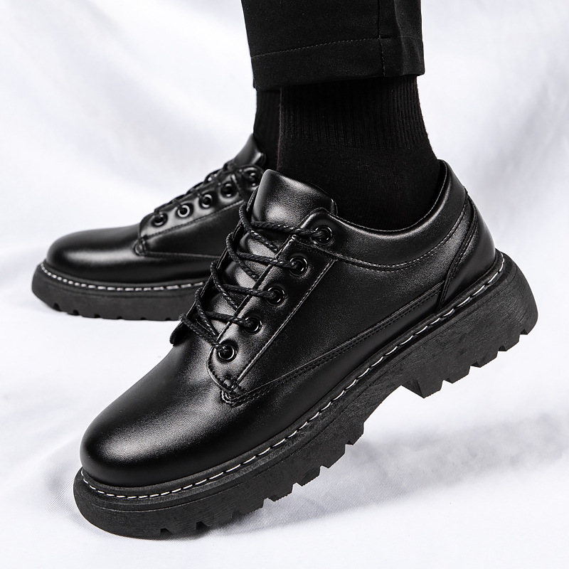 2024 Spring New Business black leather shoes men's Hong Kong style low-top men's shoes young men's casual shoes fashion shoes