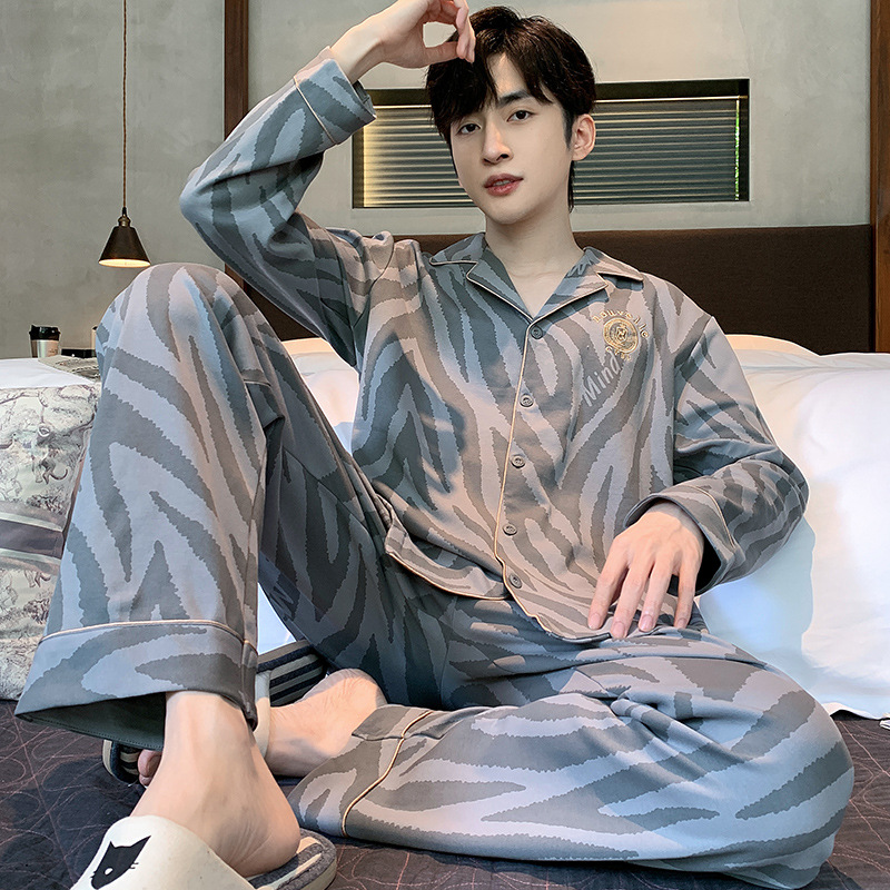 Pajamas men's spring and autumn long-sleeved casual men's plus size loose youth middle-aged temperament full set trendy home wear suit