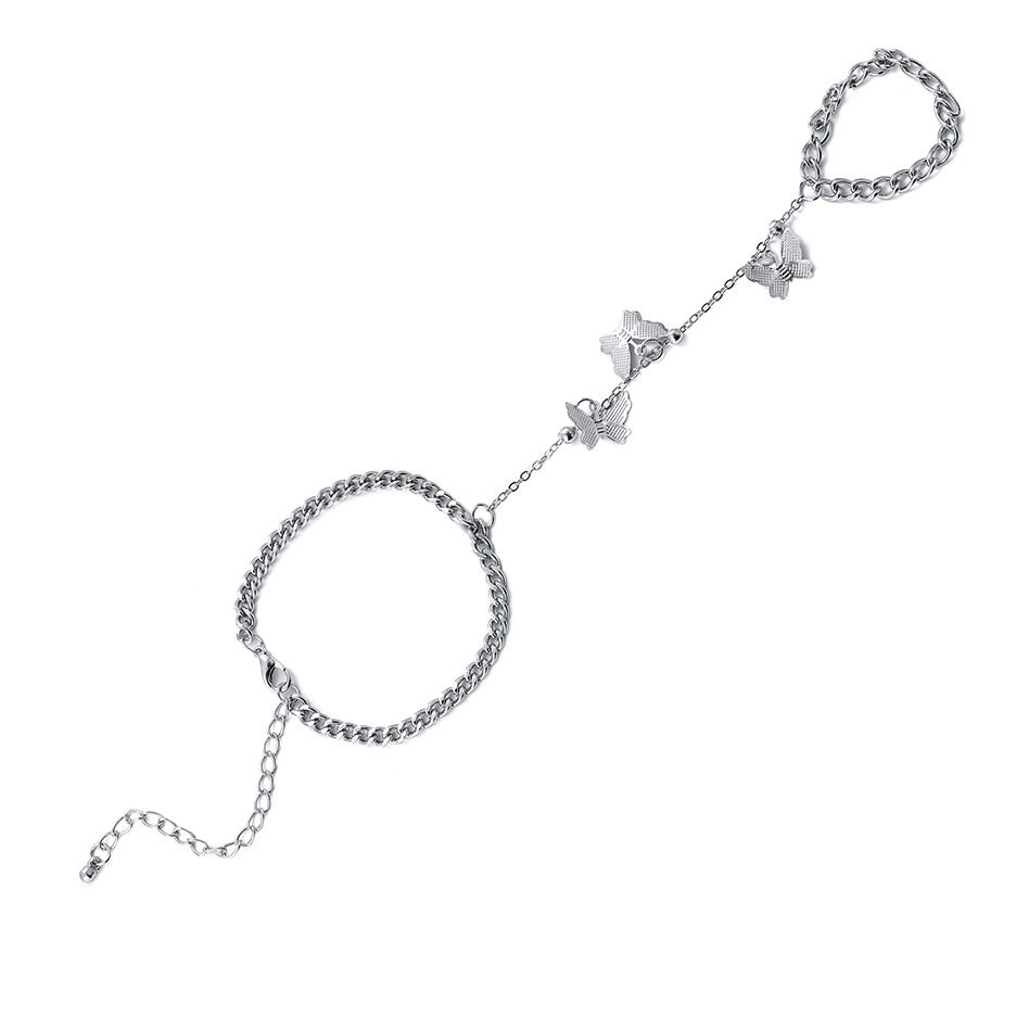 Mode einfache Nischendesign Damen Armband Schmetterling Anhänger Kette Finger Armband Ring integrierte Kette Armband Schmuck_voghion.com