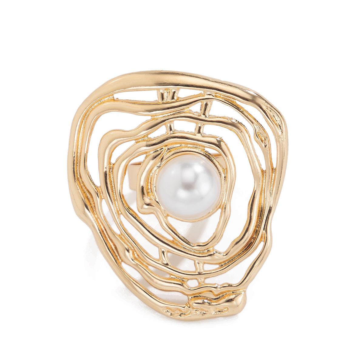 Europe and the United States cross-border ins exaggerated metal wind fold  pearl ring personality sweet cool line open ring ring_voghion.com