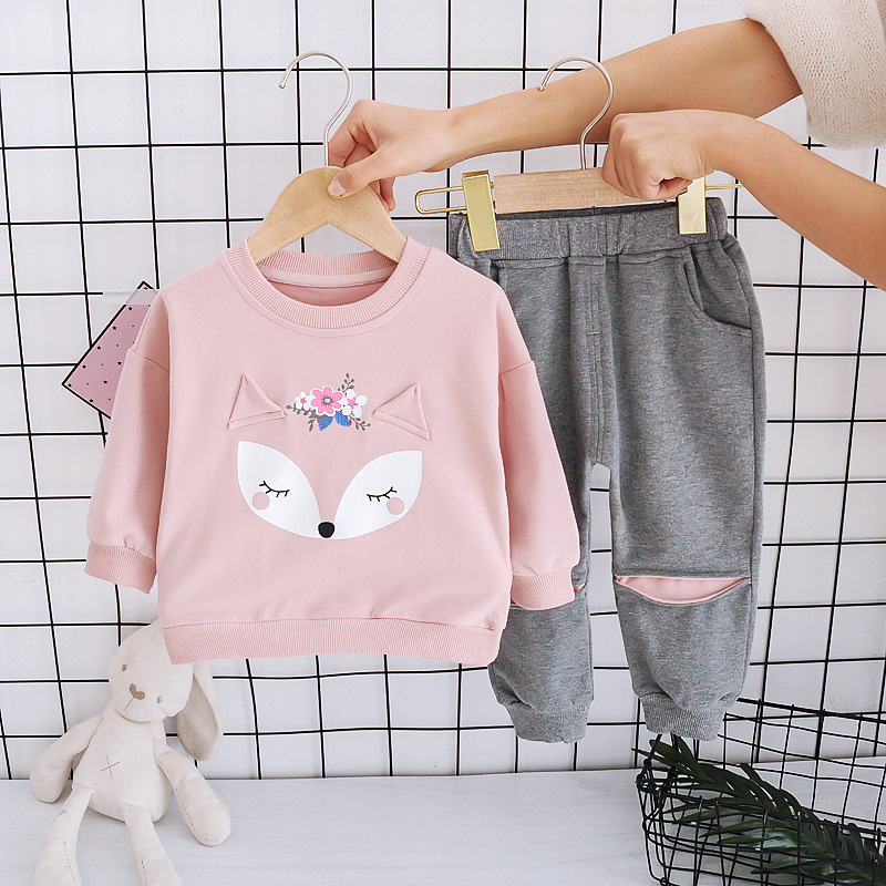 Girls Spring and Autumn Suit Spot Women's Baby Cotton Pullover Pants Suit Cartoon Children's Clothing Children's Western Style Suit