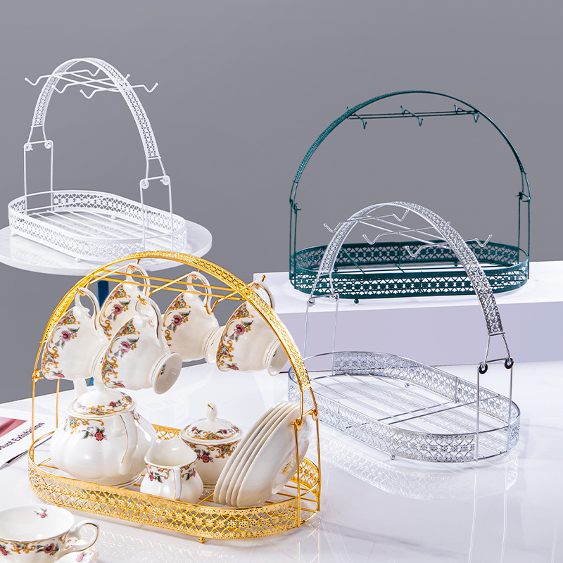 Household Western tea cup coffee cup creative carved draining hanging Cup iron rack tea set storage tray storage rack