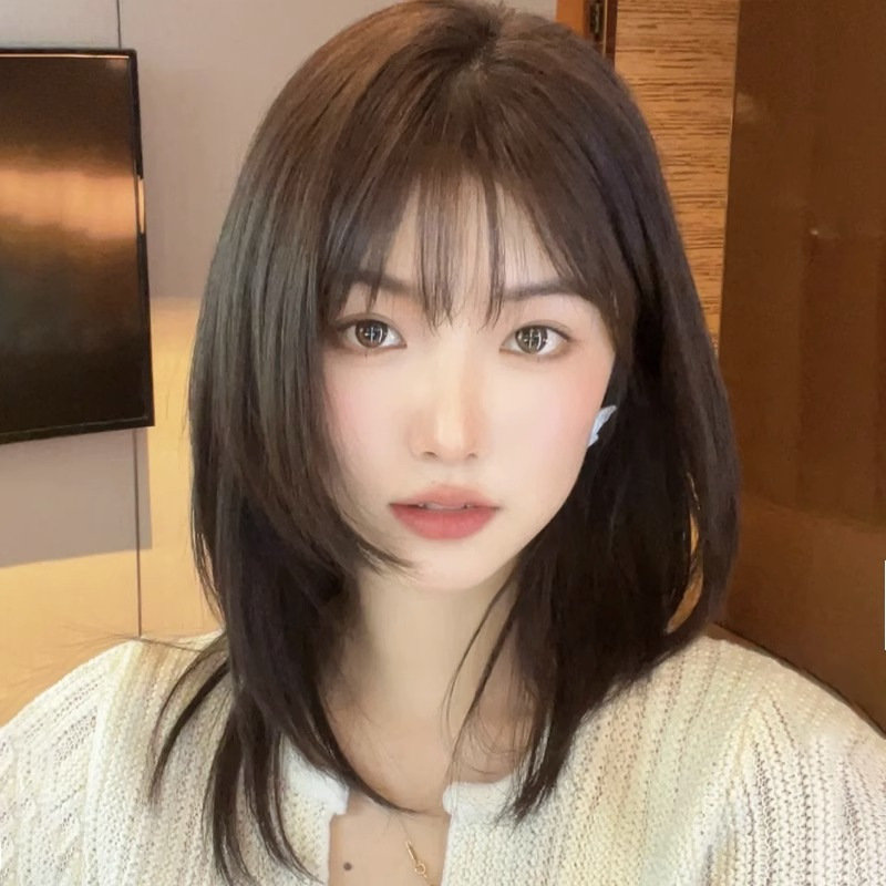 Wig women's short hair net red clavicle hairstyle full head cover age-reducing natural round face wave head mid-length hair wig