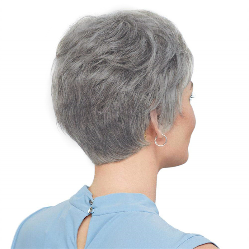 Overseas TikTok Hot Wig Women's Grandma Grey Side Short Straight Hair Middle-aged and Elderly Breathable Wig Full Head Cover Wholesale