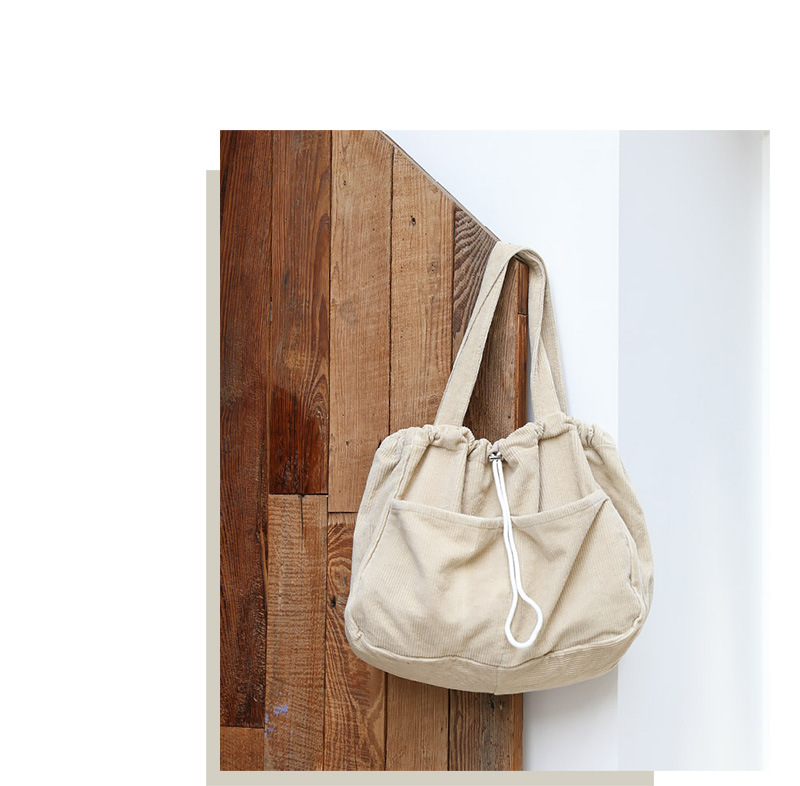 Japanese Style Vintage Corduroy Handbag ins Canvas Large Capacity Underarm Bag Internet Popular Fashionable Drawstring Shoulder Bag for Women_voghion.com