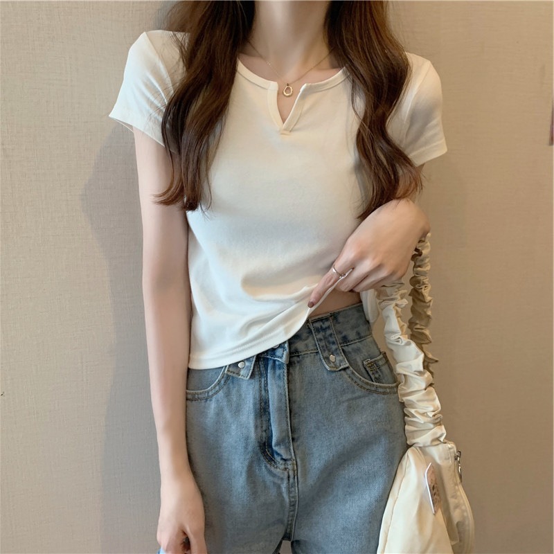 Summer cropped solid color short-sleeved T-shirt women's sexy foreign trade Women's fashionable small V-neck short design slim top women