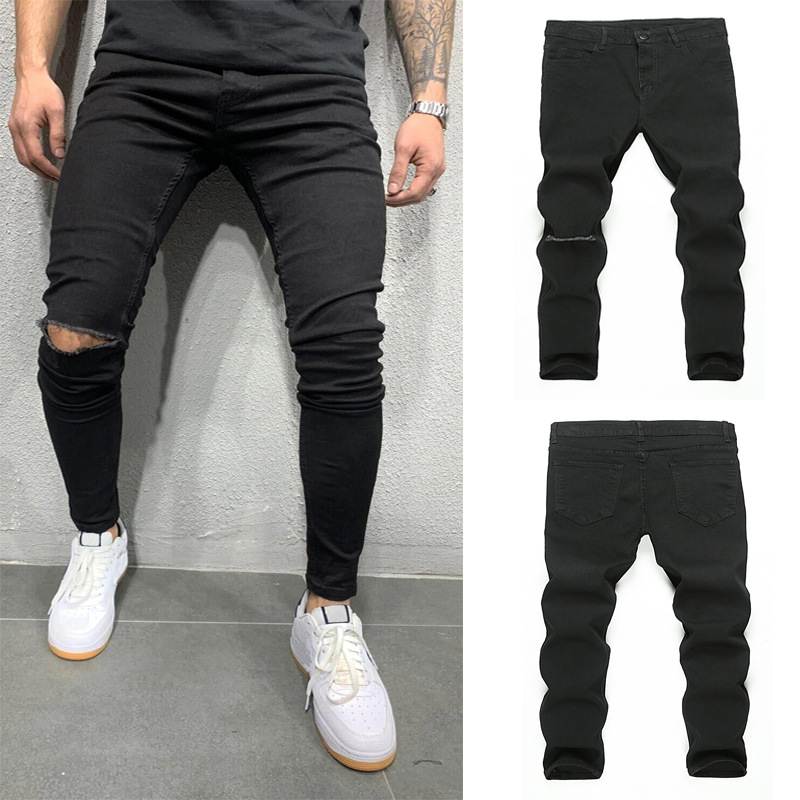 High quality European and American men's elastic tight skinny jeans foreign trade independent station Jin Dian cut rotten men's explosions