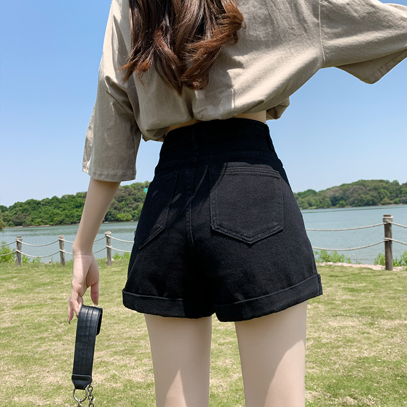Black Curled Denim Shorts Women's 2023 Summer New High Waist Loose Slimming Spice Girl A- Line Wide Leg Hot Pants