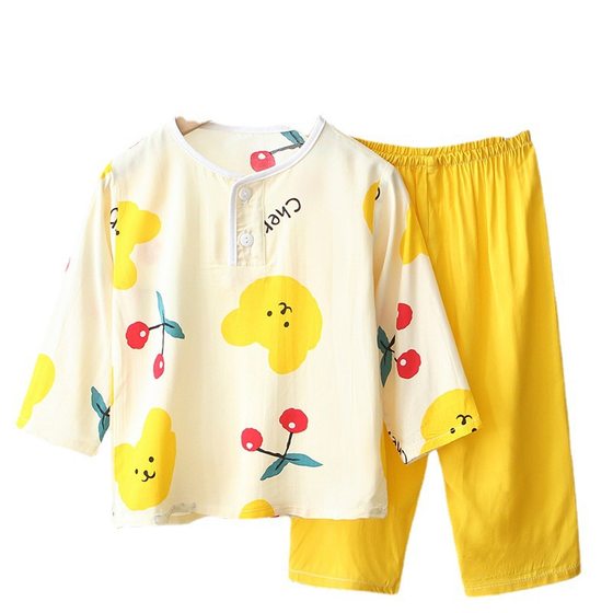 Children's Cotton Silk Pajamas for Boys and Girls Summer Girls Thin Boy's Artificial Cotton Children's Baby's Air Conditioning Home Clothes