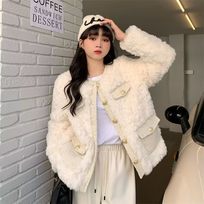 Thickened  style lamb wool coat for women 2023 autumn and winter all-matching new outdoor plush loose top ins fashion_voghion.com