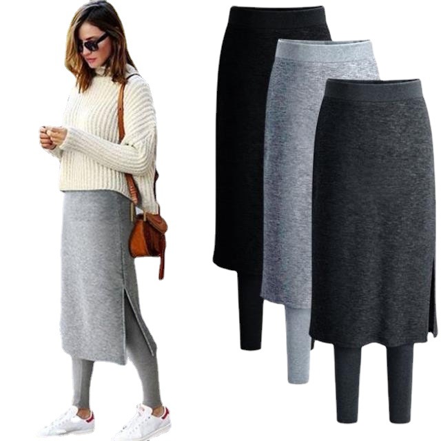 European Station Large Size Women's Thin Fleece-lined Thickened Leggings Skirt Fake Two-piece One-piece Pants Warm Pants Casual Pants