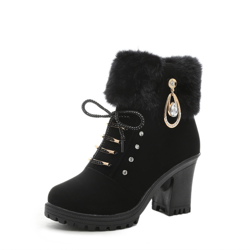 Snow boots for women 35-42 in stock 2023 autumn and winter chunky heel short women's boots side zipper fashion boots high heel pendant