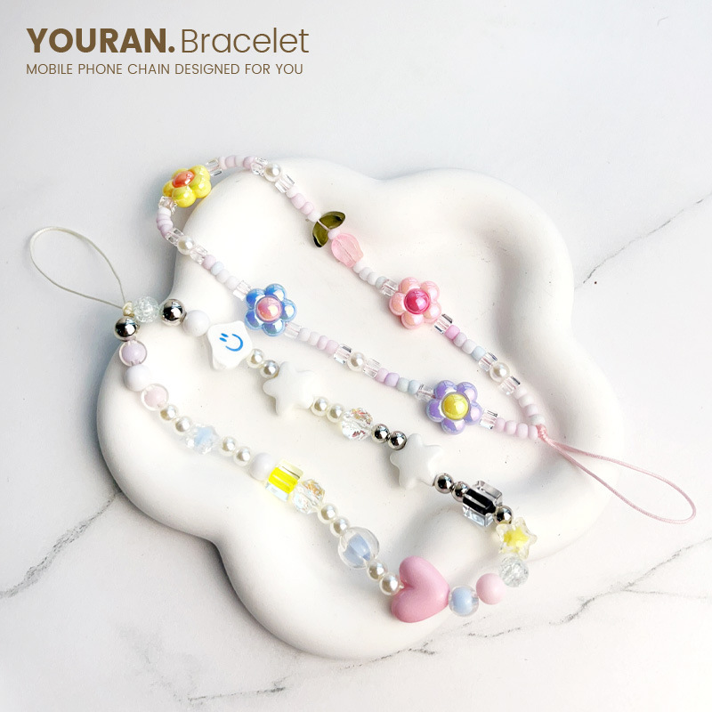 New DIY Mobile Phone Case Hanging Chain Flower Strawberry Bow Color Wrist Beaded Headset Bag Pendant Pendant