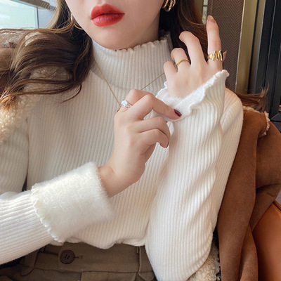 Soft Waxy Style Sweater Women's Autumn and Winter Half-turtleneck Knitted Base Shirt Warm Inner Fleece-lined Thickened One-piece Fleece Top