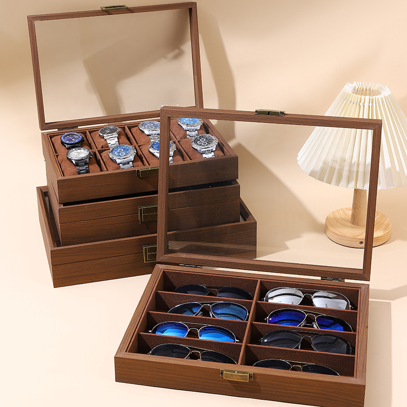 Walnut wood grain jewelry box flip glasses box Bodhi antique box multi-position glass window display watch bag box