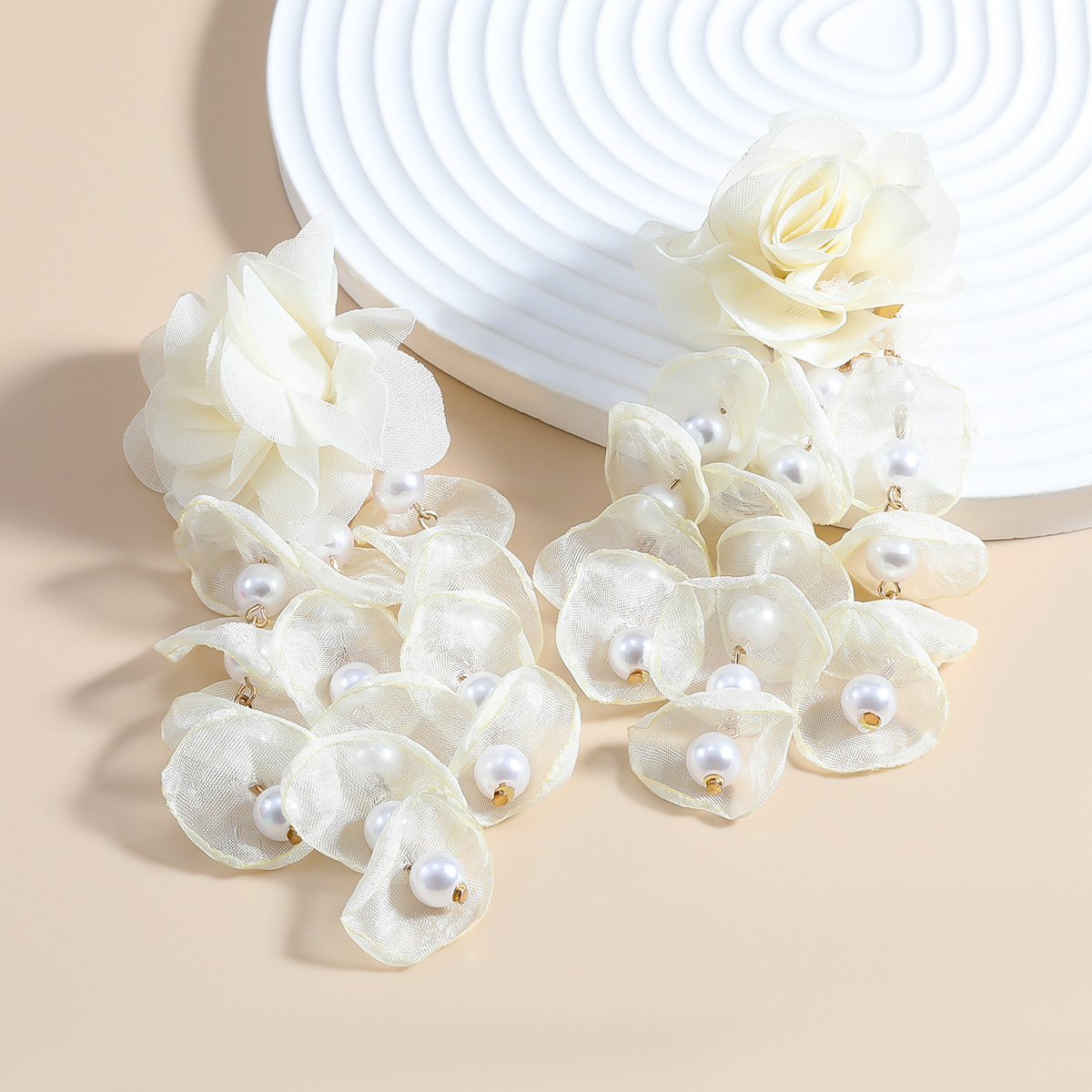 夏季新款花卉耳环欧美夸张耳饰女波西米亚布料镶珍珠花朵流苏饰品
