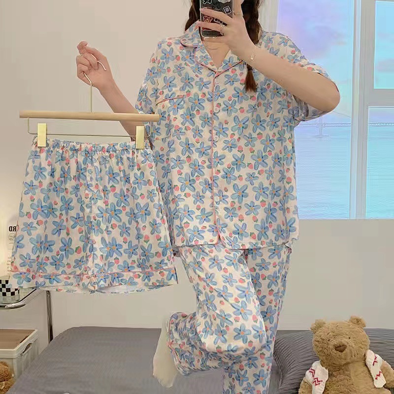 Summer New Three-piece Cardigan Pajamas Women's Short-sleeved Spring and Autumn Thin Cute Cartoon Summer Home Suit