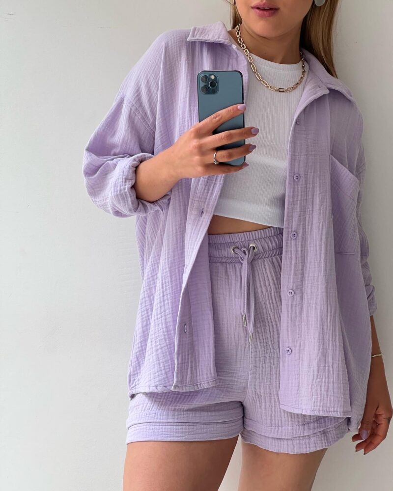 2023  European and American Women's Wrinkled Lapel Long Sleeve Shirt High Waist Drawstring Shorts Fashion Casual Two-Piece Set_voghion.com