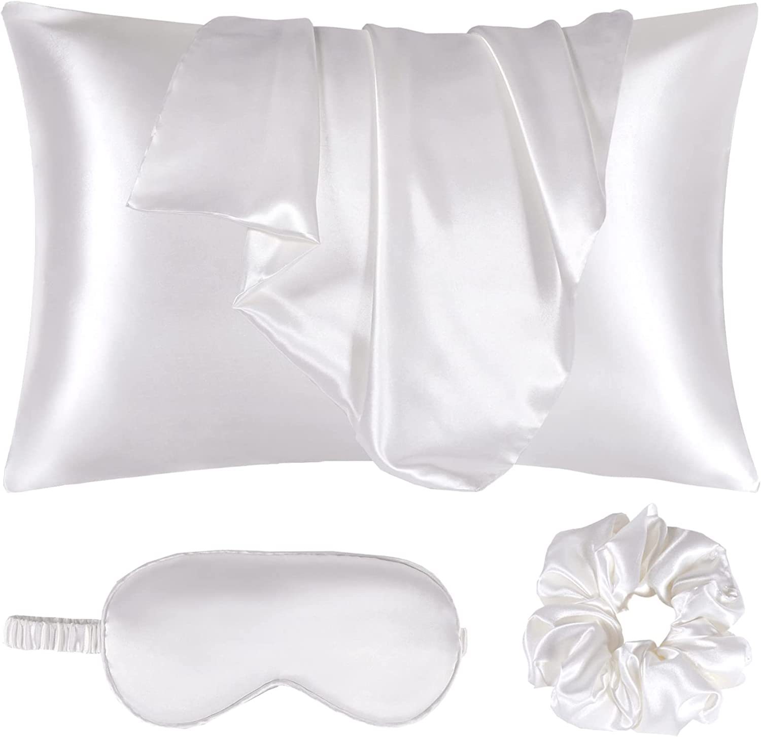 Amazon Hot Sale Satin Imitation Silk Pillow Case with Eye Mask Hair Ring Combination Pillow Cover Satin Large Intestine Rubber Band Hair Ring