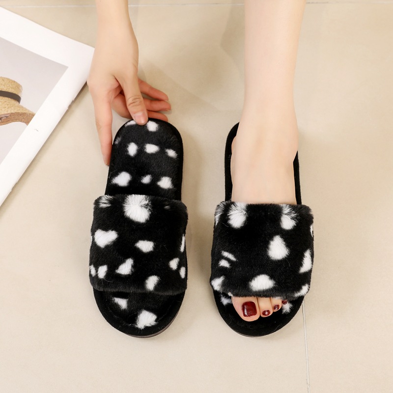 Fairy style leopard print plush slippers for women 2023 autumn new plush air-conditioned room lazy one-word cotton slippers