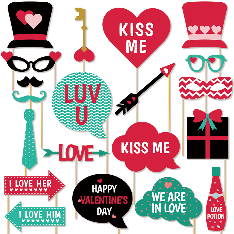 跨境Valentine's Day派對聚會拍照道具情人節20psc手持道具批發