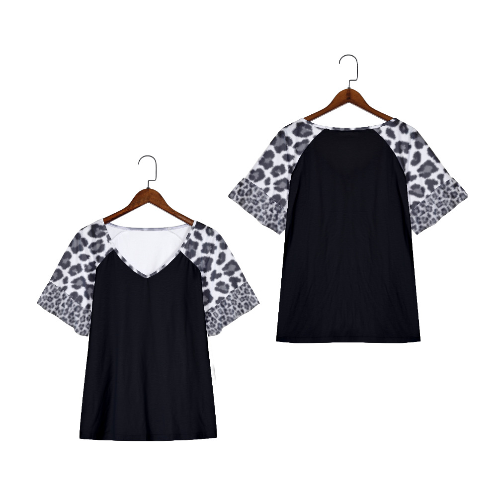 2022 Independent Station Amazon Foreign Trade Spring and Summer New Women's T-shirt V-neck Leopard Print Ruffled Short-sleeved T-shirt
