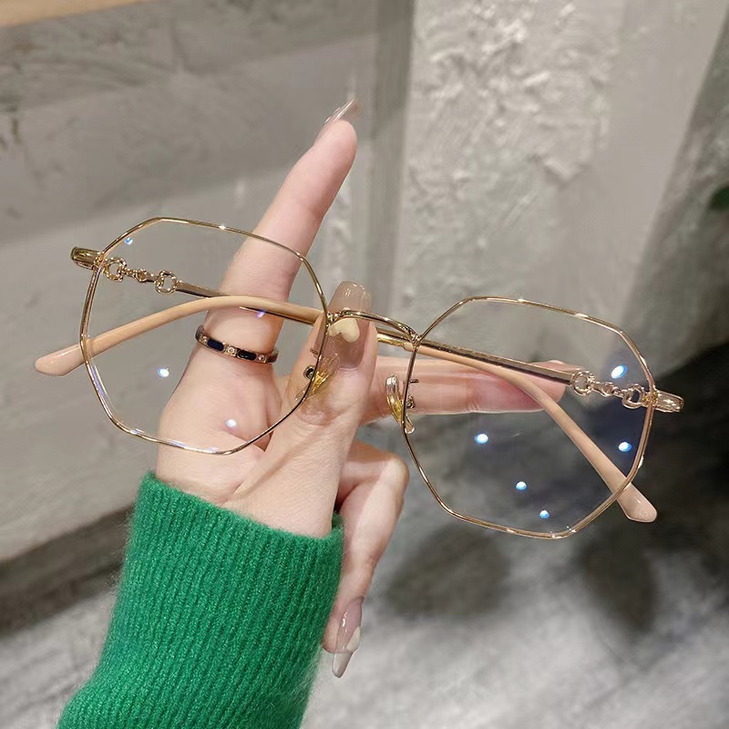 New ultra-light gold polygonal plain glasses frame women's tremolo small red book with anti-blue light flat mirror