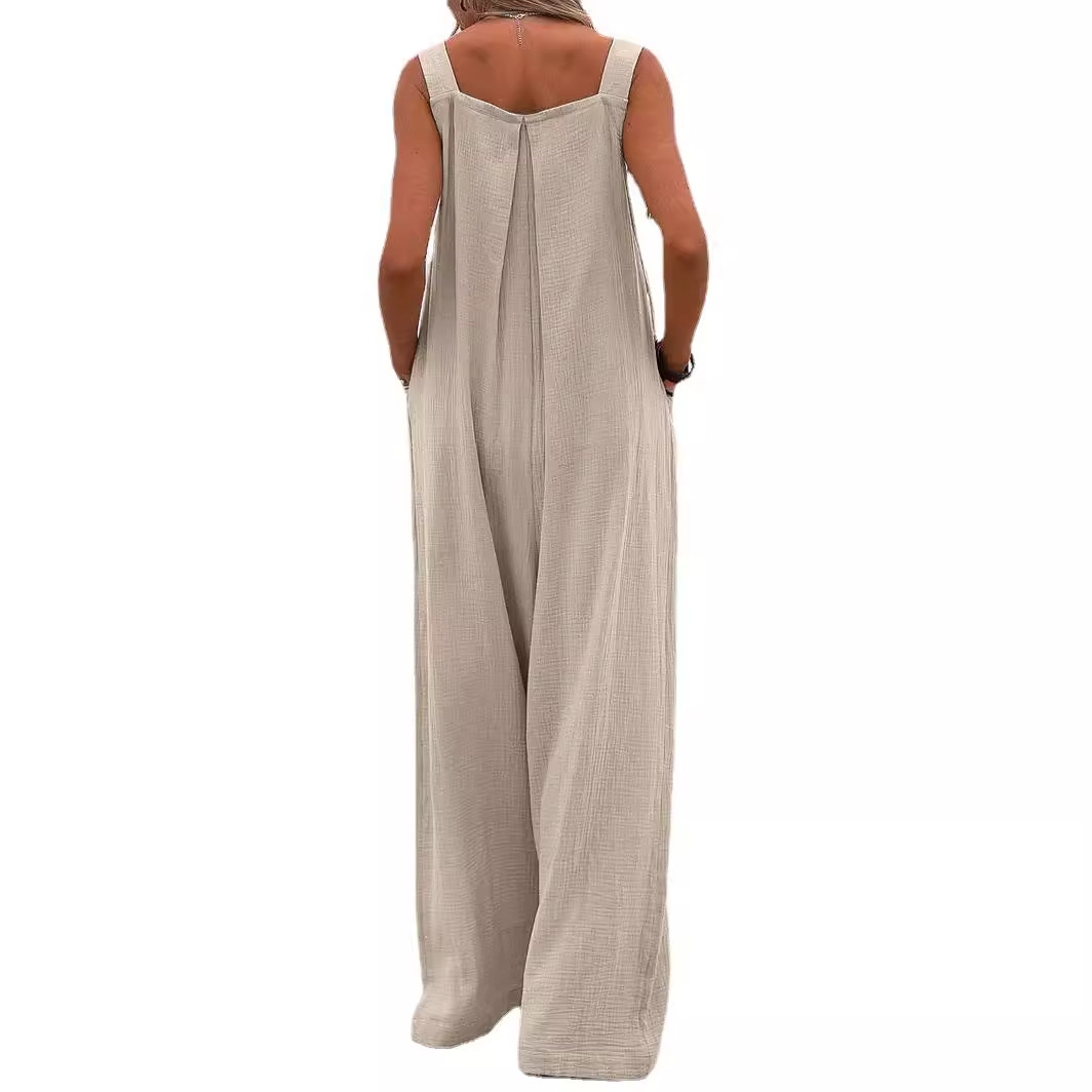 Spring and Summer 2023 New Ethnic Style Fashion Solid Color Wide Leg Jumpsuit Women's Jumpsuit