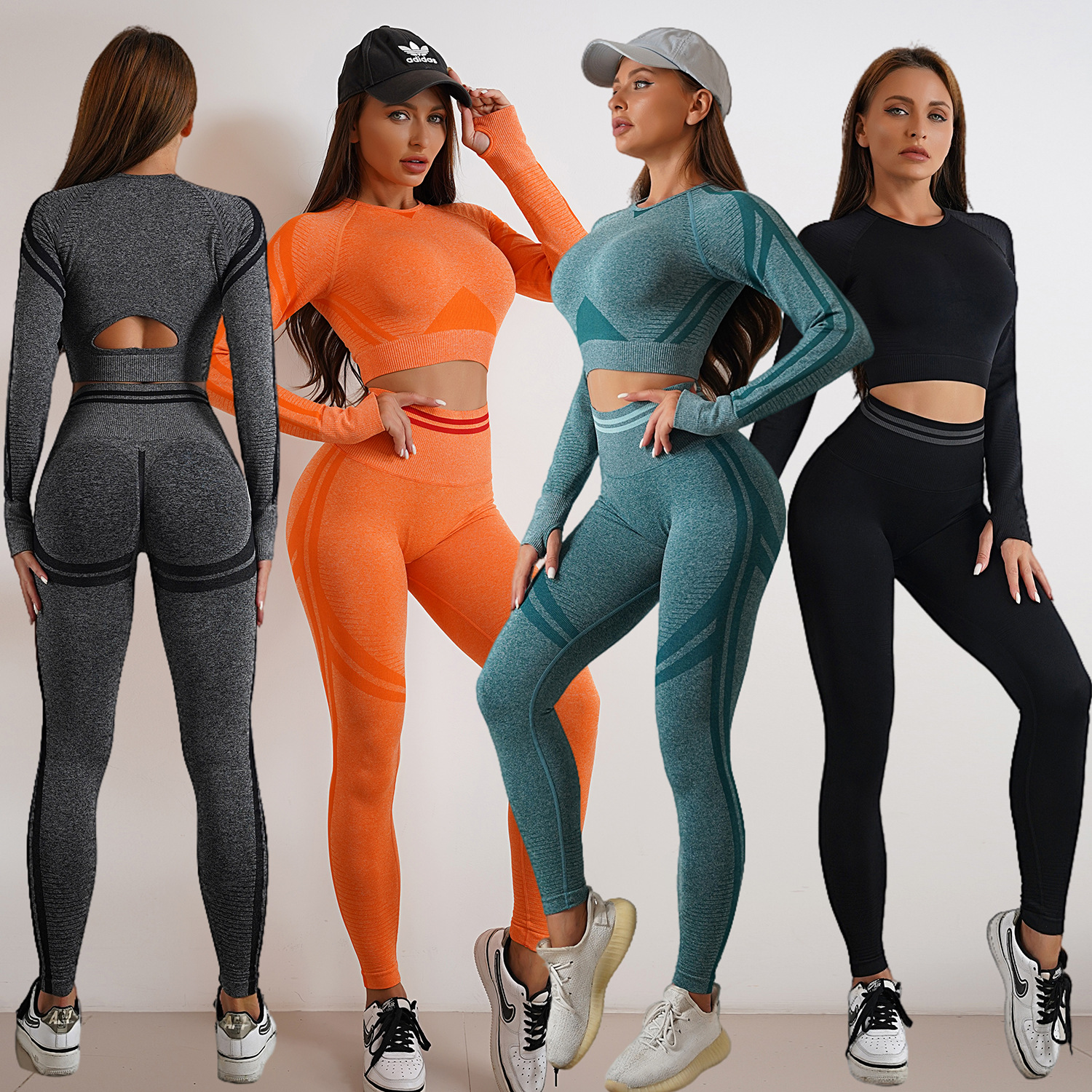 European and American Seamless Yoga Clothing Long Sleeve Top Pants Sports Hip Yoga Pants Autumn and Winter Fitness Clothing Women's Fitness suit